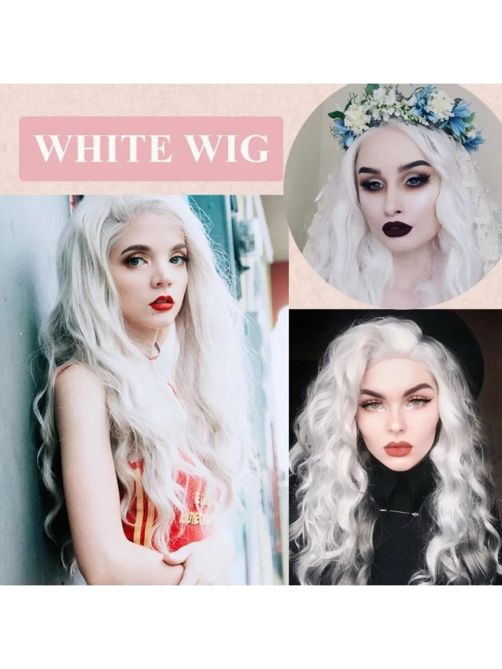 26 Inch Women's White Long Wavy Curly Hair Wig Halloween Cosplay